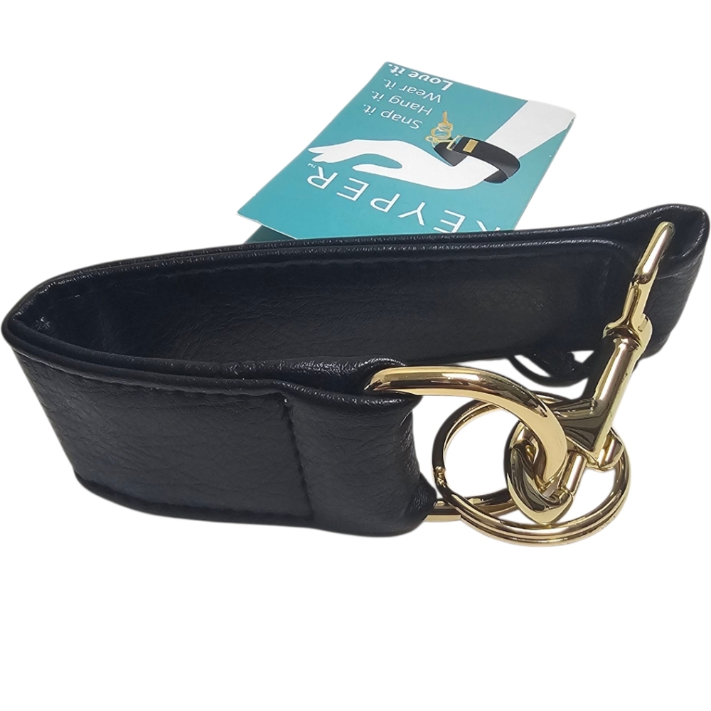 KEYPER Vegan Leather Key Ring Wristlet Black Gold Purse Diaper Bag Safety Strap - Picture 2 of 4